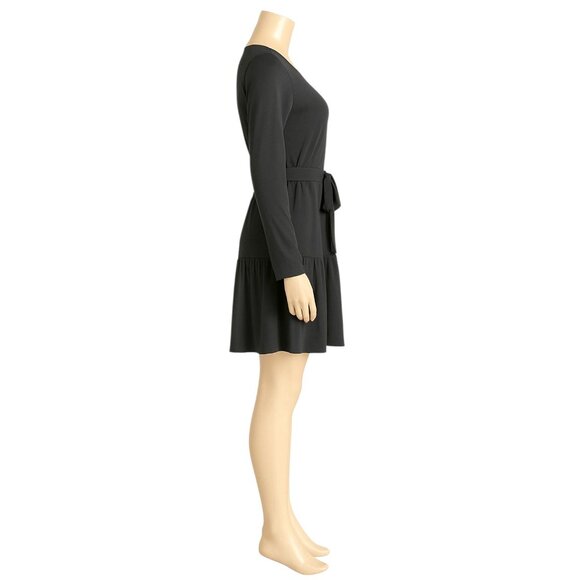 Women’s Black Long Sleeve Relaxed Fit Layered Dress XL Knee Length Self Tie Belt - Picture 6 of 10